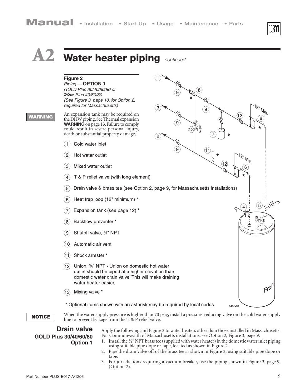 Water heater piping, Manual, Drain valve | Weil-McLain PLUS LINE PLUS-E017-A/1206 User Manual | Page 9 / 68