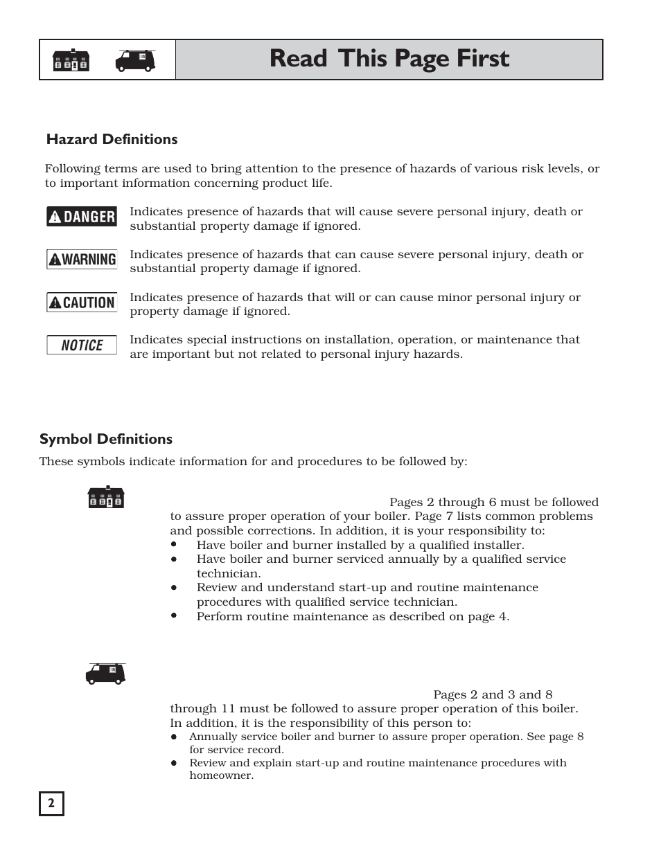 Read this page first, Hazard definitions, Symbol definitions | Weil-McLain WGO User Manual | Page 2 / 12