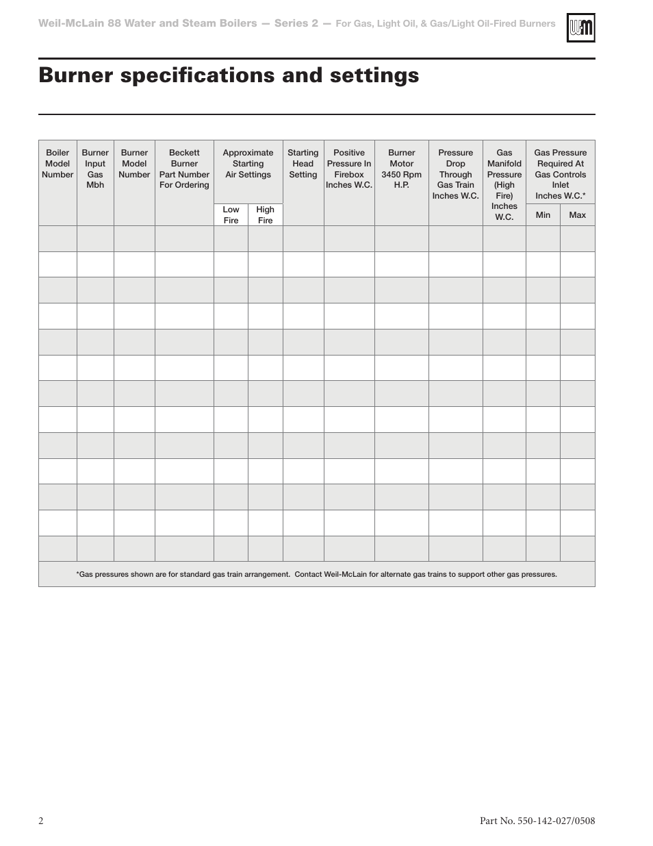 Burner specifications and settings | Weil-McLain CG50 User Manual | Page 2 / 4