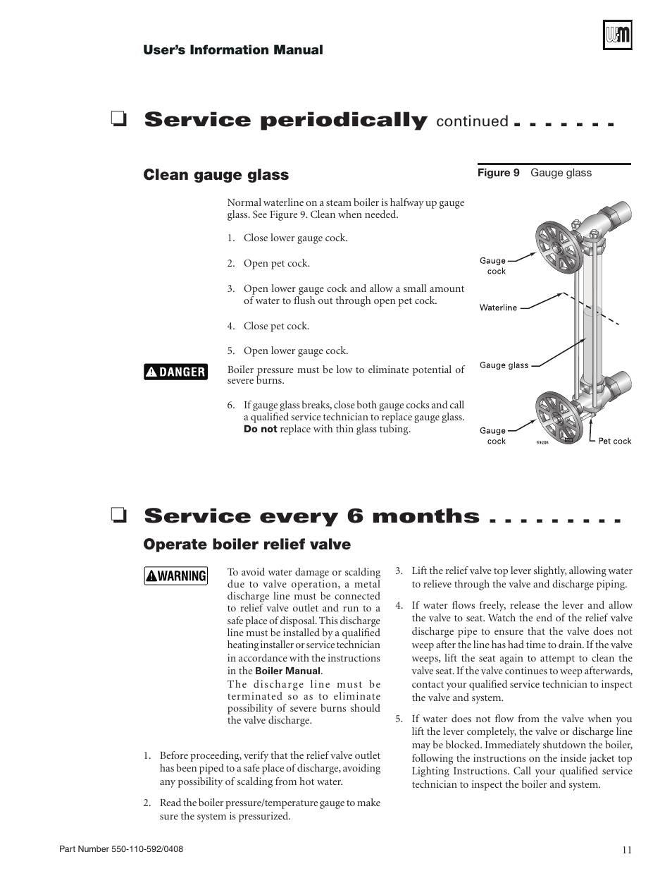 Service every 6 months, Service periodically, Operate boiler relief valve | Clean gauge glass, Continued | Weil-McLain PEG User Manual | Page 11 / 24