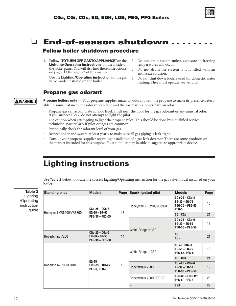 Lighting instructions, End-of-season shutdown, Follow boiler shutdown procedure | Propane gas odorant | Weil-McLain PEG User Manual | Page 12 / 24