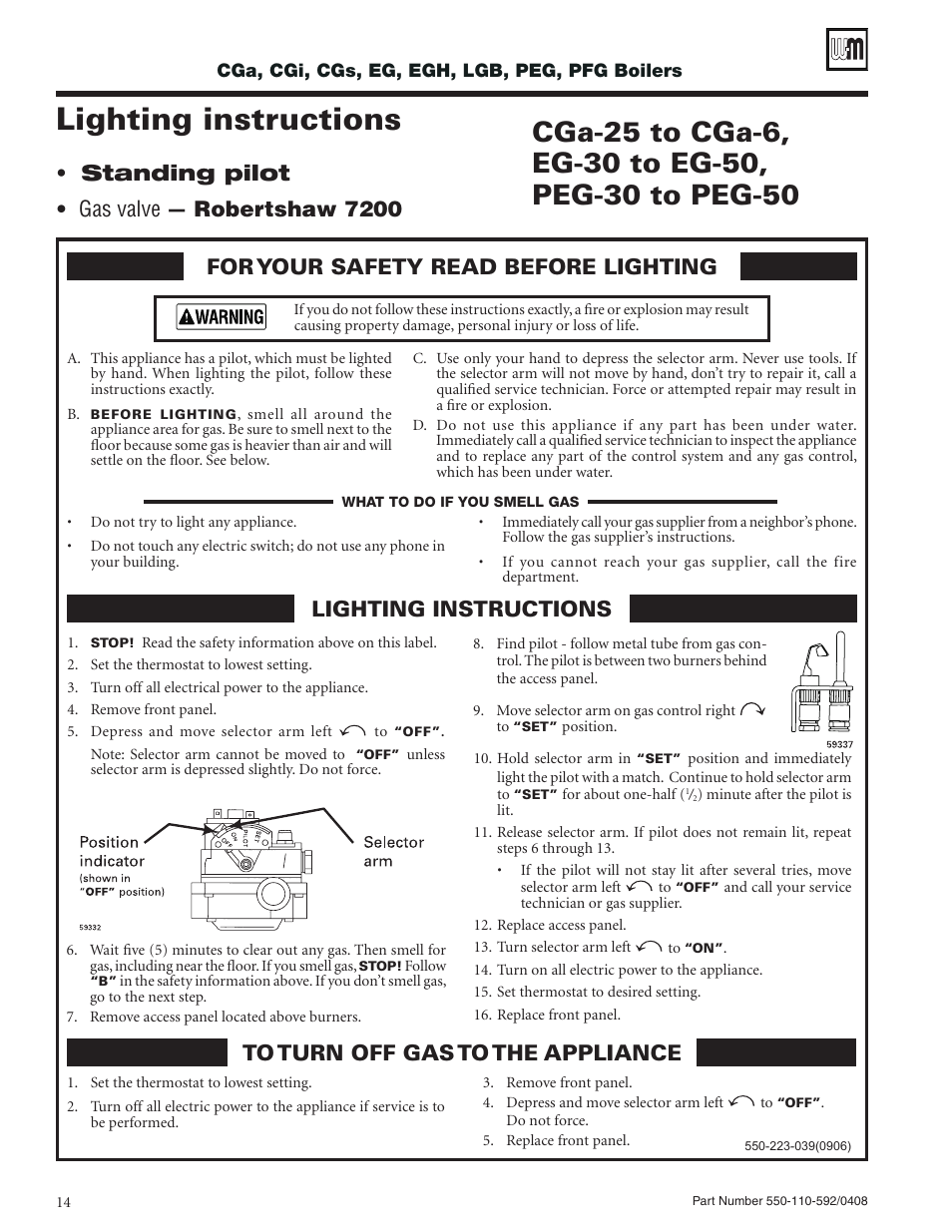 Lighting instructions, Gas valve — robertshaw 7200, Standing pilot | Weil-McLain PEG User Manual | Page 14 / 24