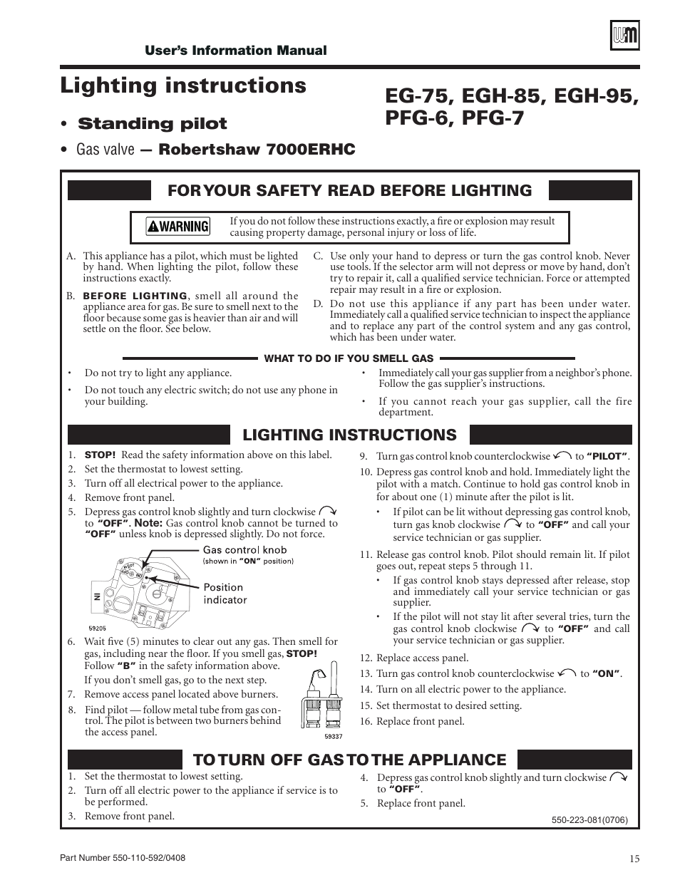 Lighting instructions, Standing pilot • gas valve — robertshaw 7000erhc | Weil-McLain PEG User Manual | Page 15 / 24