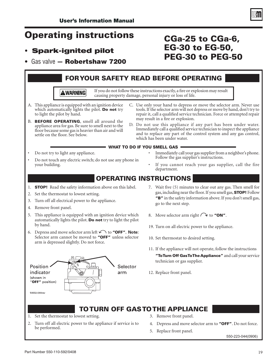 Operating instructions, Spark-ignited pilot • gas valve — robertshaw 7200 | Weil-McLain PEG User Manual | Page 19 / 24