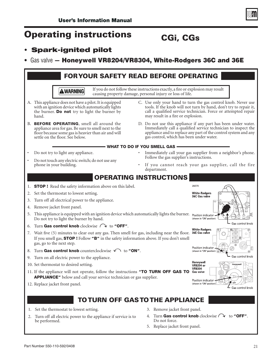 Operating instructions, Cgi, cgs, Spark-ignited pilot | Weil-McLain PEG User Manual | Page 21 / 24