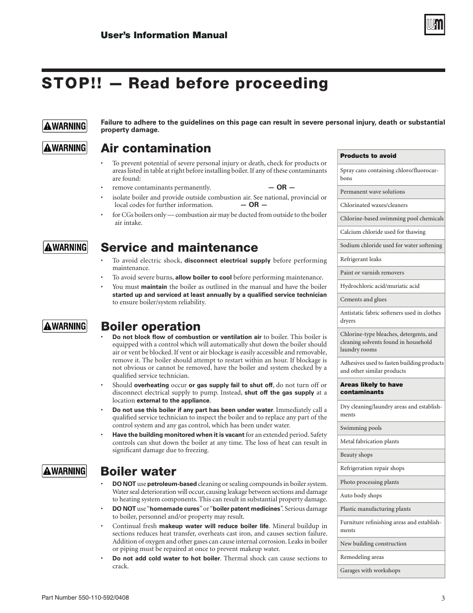 Stop!! — read before proceeding, Boiler water, Boiler operation | Service and maintenance, Air contamination, User’s information manual | Weil-McLain PEG User Manual | Page 3 / 24