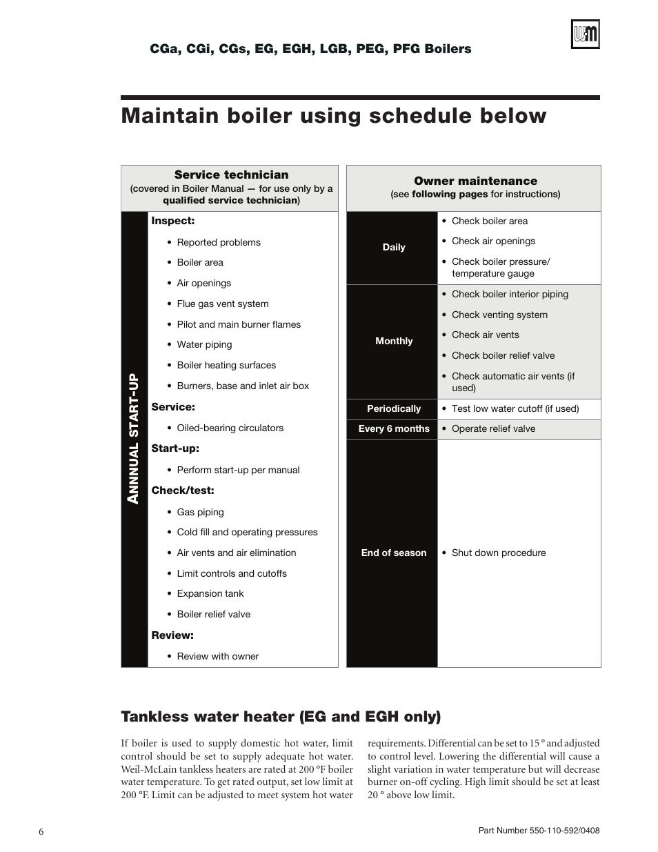 Maintain boiler using schedule below, Tankless water heater (eg and egh only) | Weil-McLain PEG User Manual | Page 6 / 24