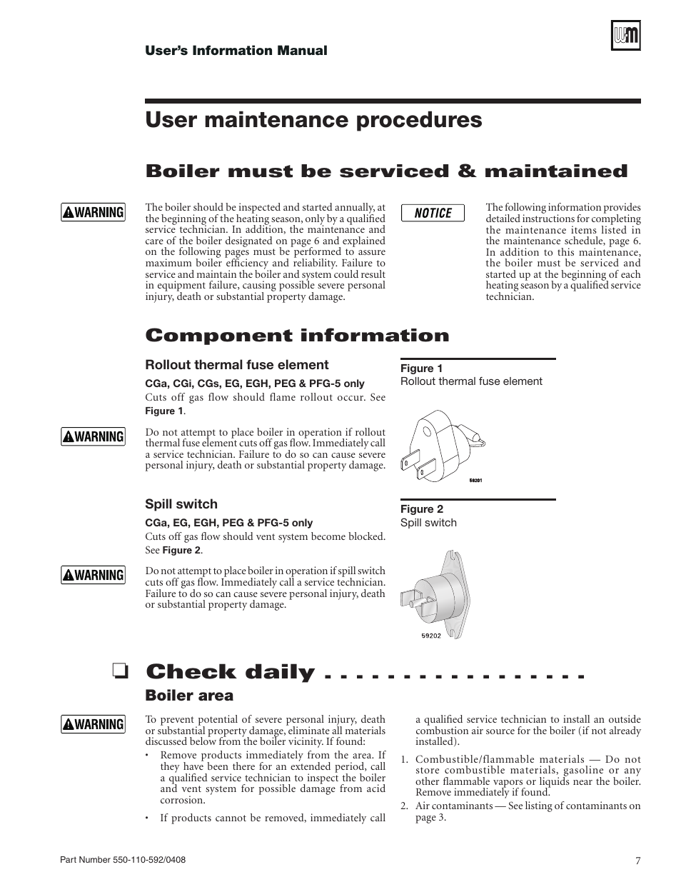 User maintenance procedures, Check daily, Component information | Boiler must be serviced & maintained, Boiler area | Weil-McLain PEG User Manual | Page 7 / 24