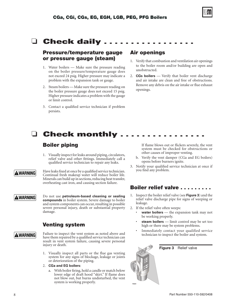 Check daily, Check monthly, Air openings | Venting system, Boiler piping, Boiler relief valve | Weil-McLain PEG User Manual | Page 8 / 24