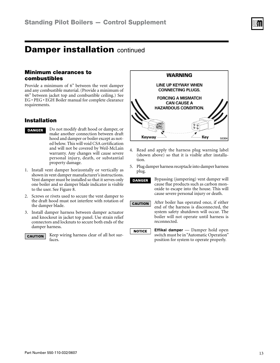 Damper installation, Standing pilot boilers — control supplement, Continued | Weil-McLain EG-30 THRU -75 User Manual | Page 13 / 24