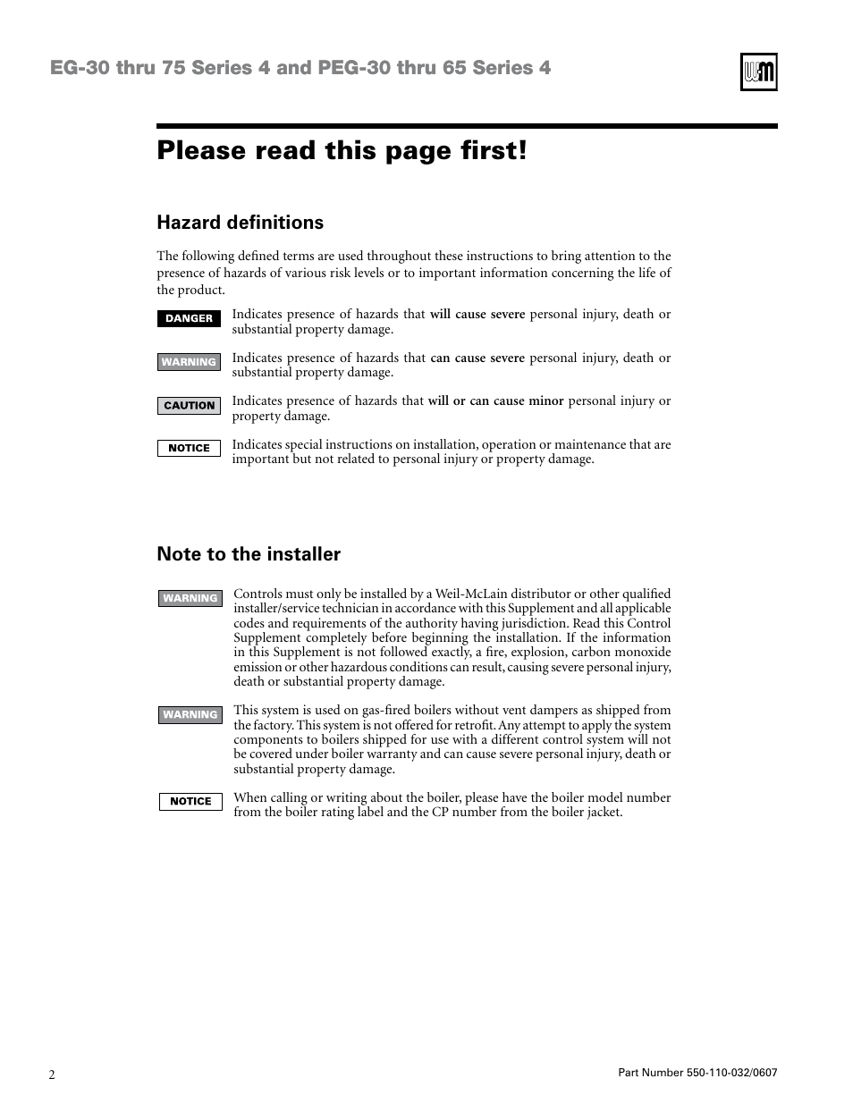 Please read this page first, Hazard definitions | Weil-McLain EG-30 THRU -75 User Manual | Page 2 / 24