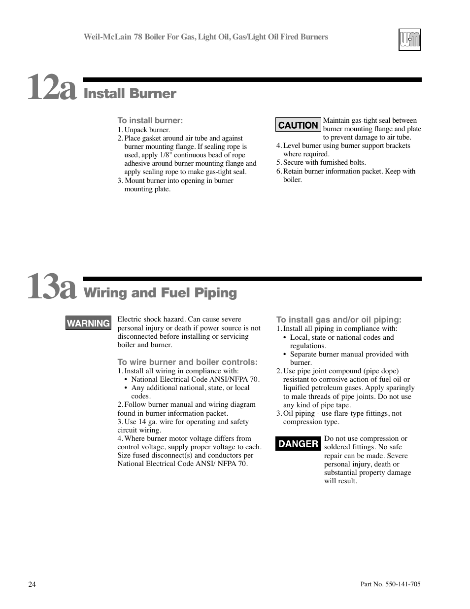 Install burner, Wiring and fuel piping | Weil-McLain 78 User Manual | Page 24 / 32
