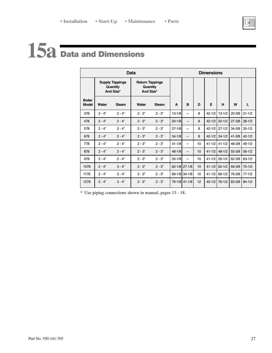 Data and dimensions, Installation • start-up • maintenance • parts | Weil-McLain 78 User Manual | Page 27 / 32