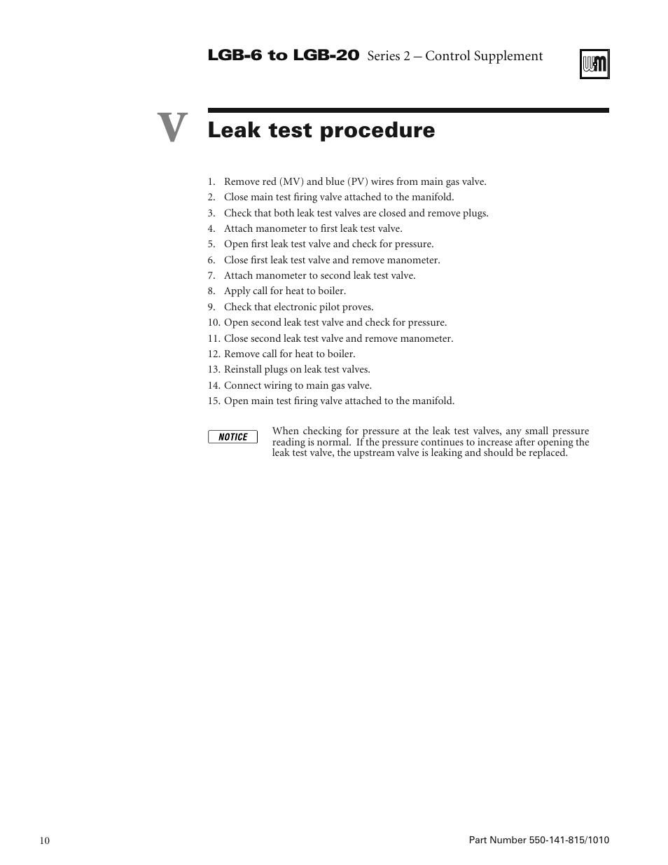 Leak test procedure | Weil-McLain LGB-20 User Manual | Page 10 / 12