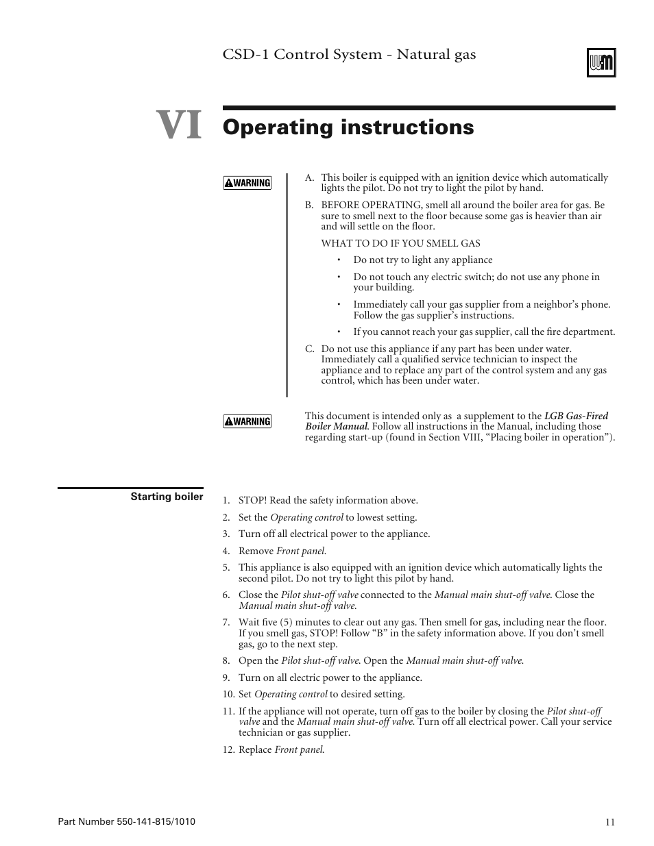 Operating instructions, Csd-1 control system - natural gas | Weil-McLain LGB-20 User Manual | Page 11 / 12