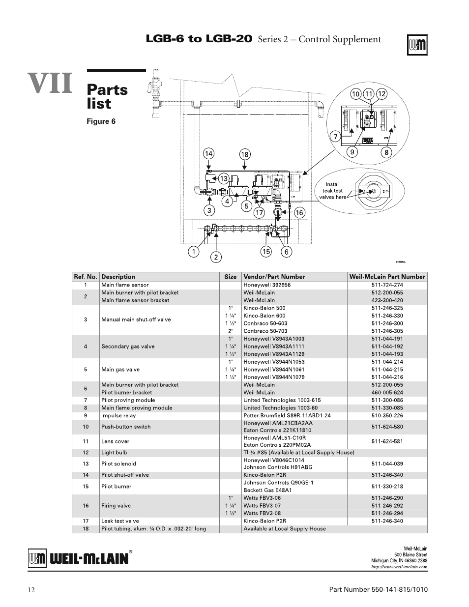 Parts list | Weil-McLain LGB-20 User Manual | Page 12 / 12