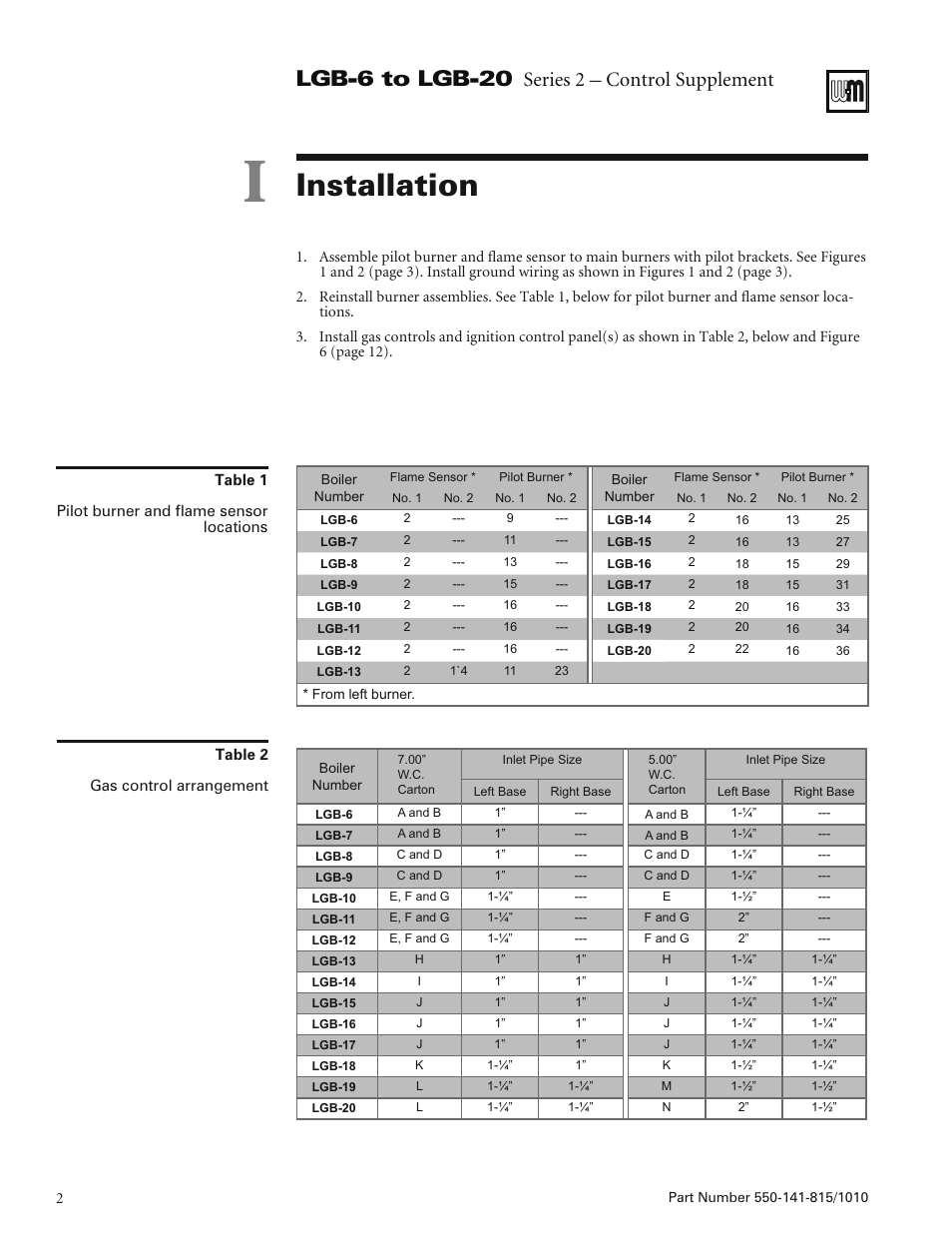 Installation, Lgb-6 to lgb-20, Series 2 – control supplement | Weil-McLain LGB-20 User Manual | Page 2 / 12