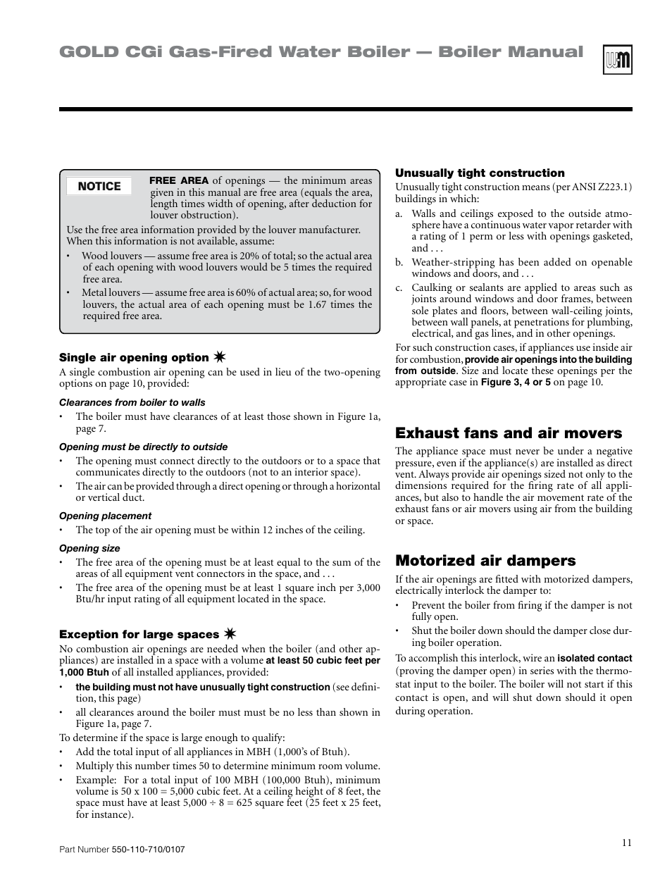 Gold cgi gas-fired water boiler — boiler manual, Motorized air dampers, Exhaust fans and air movers | Weil-McLain GOLD CGI SERIES 2 User Manual | Page 11 / 68