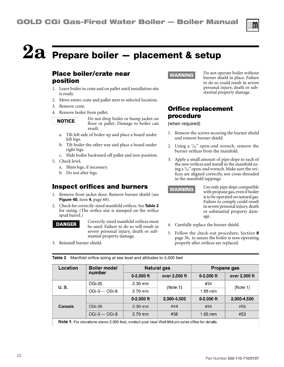 Prepare boiler — placement & setup, Gold cgi gas-fired water boiler — boiler manual, Place boiler/crate near position | Inspect orifices and burners, Orifice replacement procedure | Weil-McLain GOLD CGI SERIES 2 User Manual | Page 12 / 68