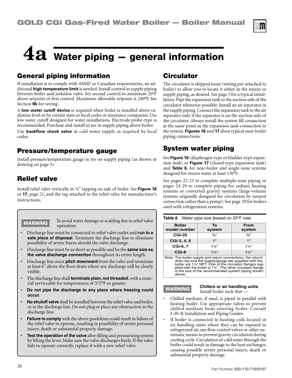 Water piping — general information, Gold cgi gas-fired water boiler — boiler manual, General piping information | Pressure/temperature gauge, Relief valve, Circulator, System water piping | Weil-McLain GOLD CGI SERIES 2 User Manual | Page 20 / 68