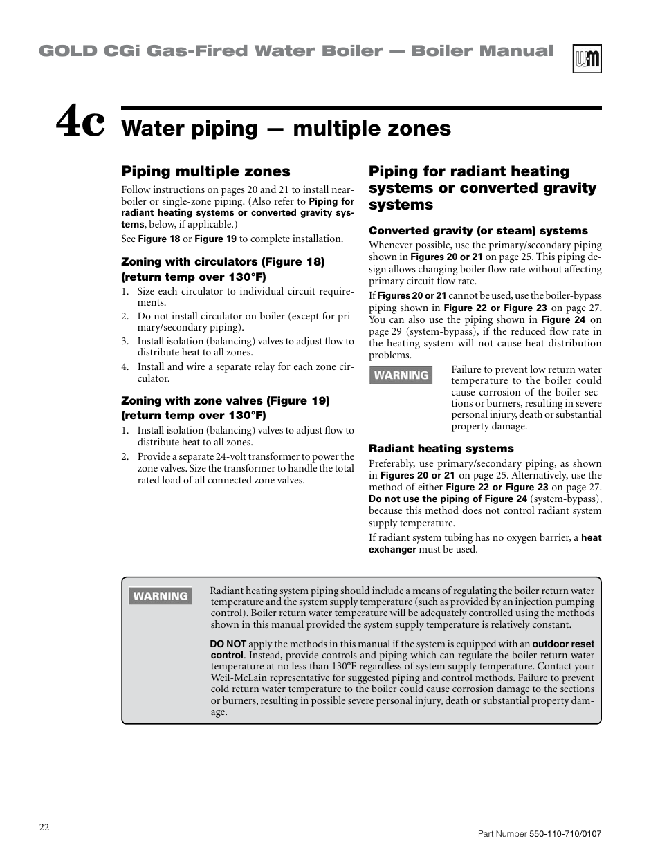 Water piping — multiple zones, Gold cgi gas-fired water boiler — boiler manual, Piping multiple zones | Weil-McLain GOLD CGI SERIES 2 User Manual | Page 22 / 68
