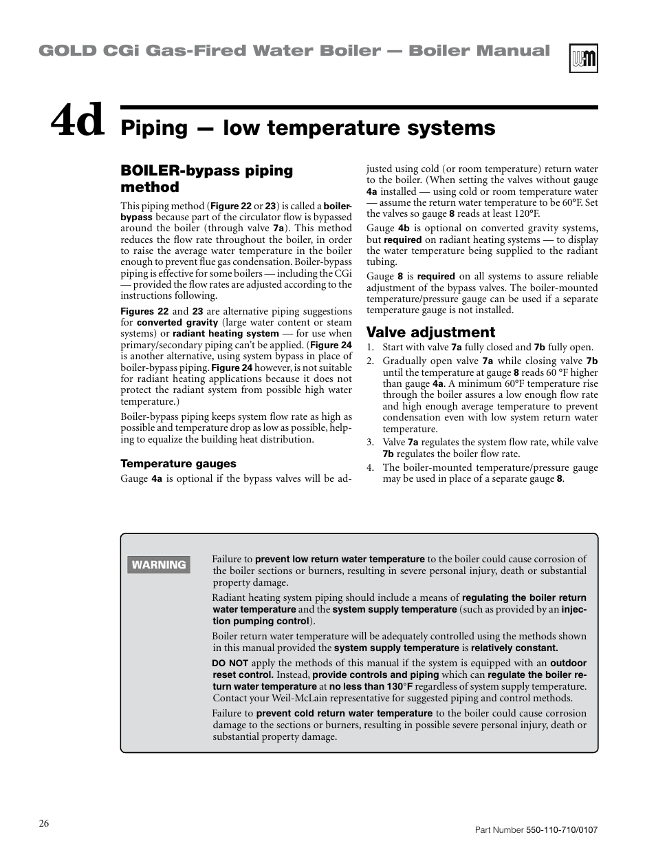 Piping — low temperature systems, Gold cgi gas-fired water boiler — boiler manual, Boiler-bypass piping method | Valve adjustment | Weil-McLain GOLD CGI SERIES 2 User Manual | Page 26 / 68