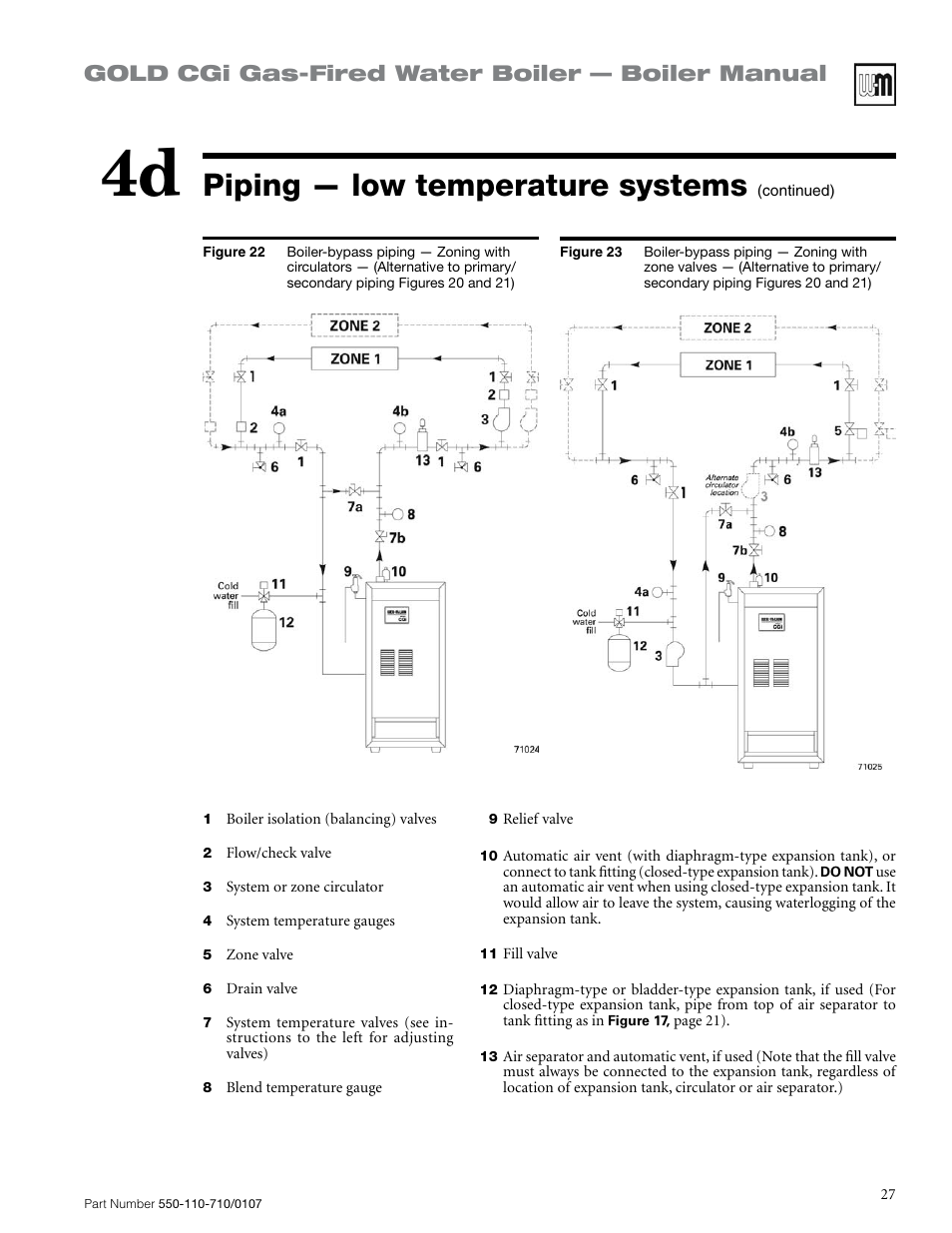 Piping — low temperature systems, Gold cgi gas-fired water boiler — boiler manual | Weil-McLain GOLD CGI SERIES 2 User Manual | Page 27 / 68