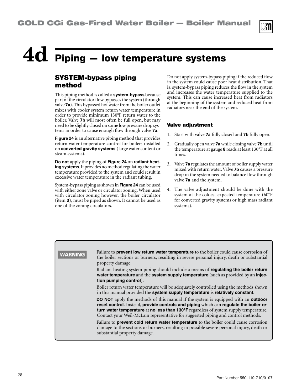 Piping — low temperature systems, Gold cgi gas-fired water boiler — boiler manual, System-bypass piping method | Weil-McLain GOLD CGI SERIES 2 User Manual | Page 28 / 68