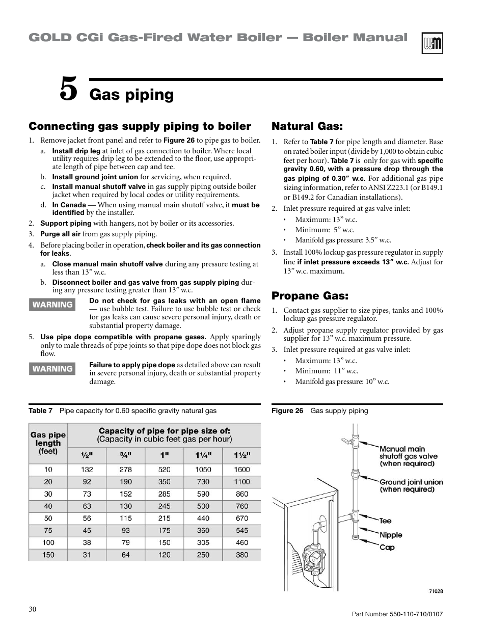 Gas piping, Gold cgi gas-fired water boiler — boiler manual, Natural gas | Propane gas, Connecting gas supply piping to boiler | Weil-McLain GOLD CGI SERIES 2 User Manual | Page 30 / 68