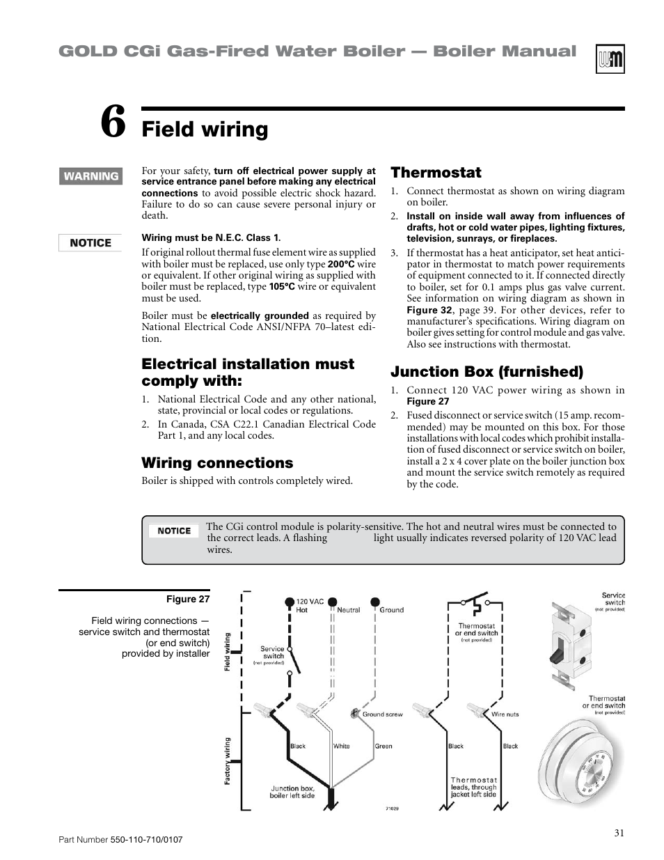 Field wiring, Gold cgi gas-fired water boiler — boiler manual, Thermostat | Junction box (furnished), Electrical installation must comply with, Wiring connections | Weil-McLain GOLD CGI SERIES 2 User Manual | Page 31 / 68