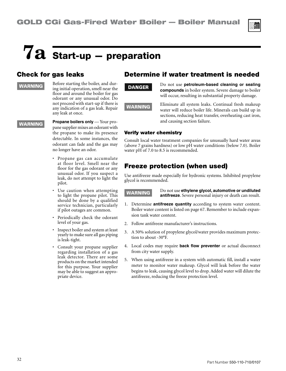 Start-up — preparation, Gold cgi gas-fired water boiler — boiler manual, Check for gas leaks | Determine if water treatment is needed, Freeze protection (when used) | Weil-McLain GOLD CGI SERIES 2 User Manual | Page 32 / 68