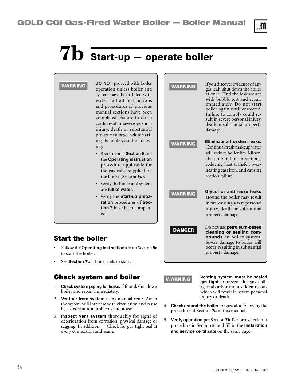 Start-up — operate boiler, Gold cgi gas-fired water boiler — boiler manual, Start the boiler | Check system and boiler | Weil-McLain GOLD CGI SERIES 2 User Manual | Page 34 / 68