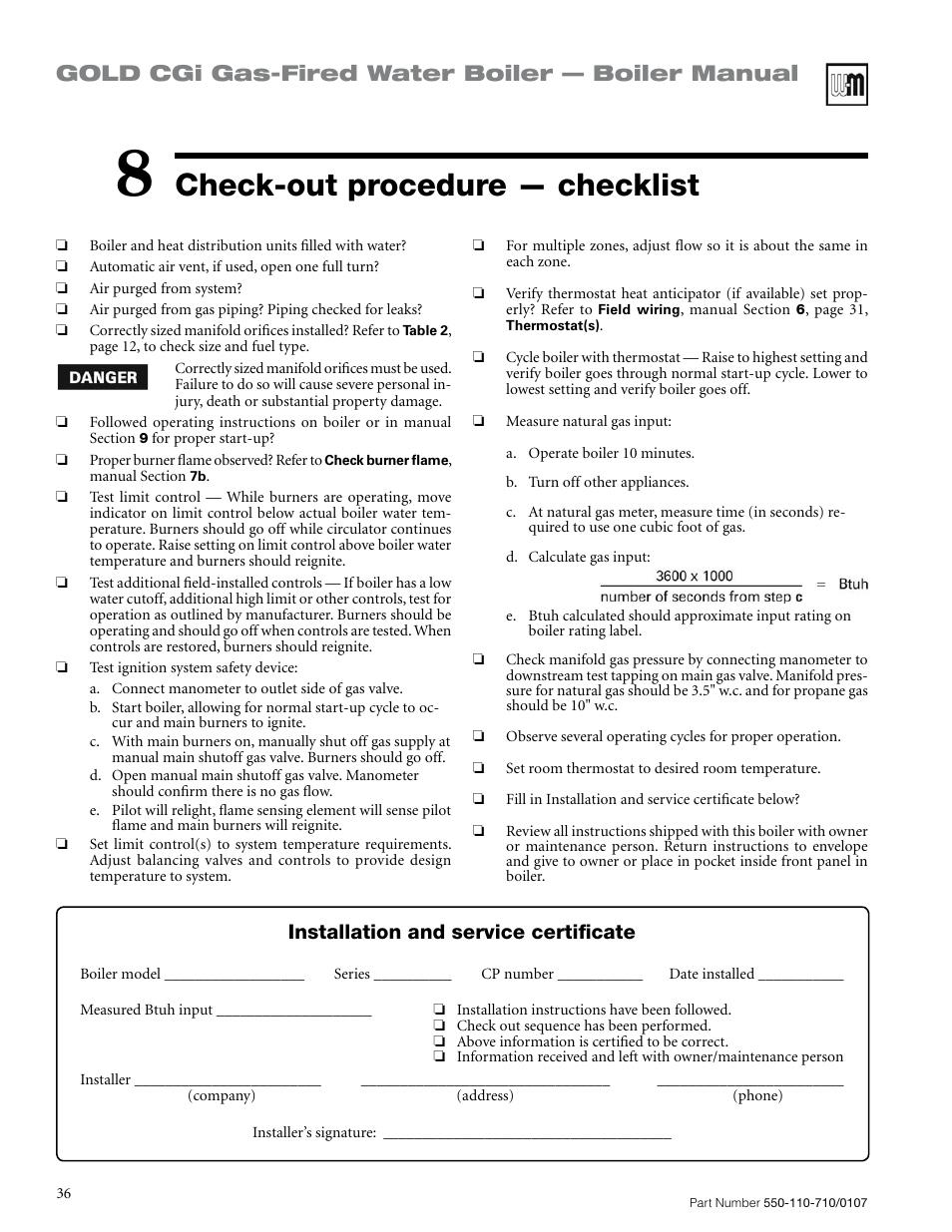 Check-out procedure — checklist, Gold cgi gas-fired water boiler — boiler manual, Installation and service certificate | Weil-McLain GOLD CGI SERIES 2 User Manual | Page 36 / 68