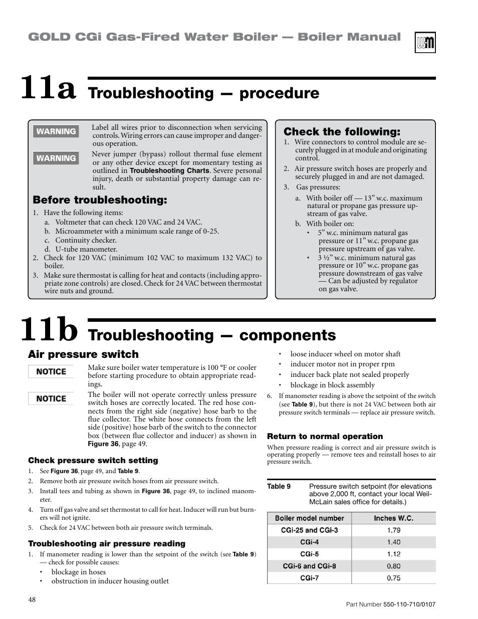 Troubleshooting — components, Troubleshooting — procedure, Gold cgi gas-fired water boiler — boiler manual | Air pressure switch, Check the following, Before troubleshooting | Weil-McLain GOLD CGI SERIES 2 User Manual | Page 48 / 68
