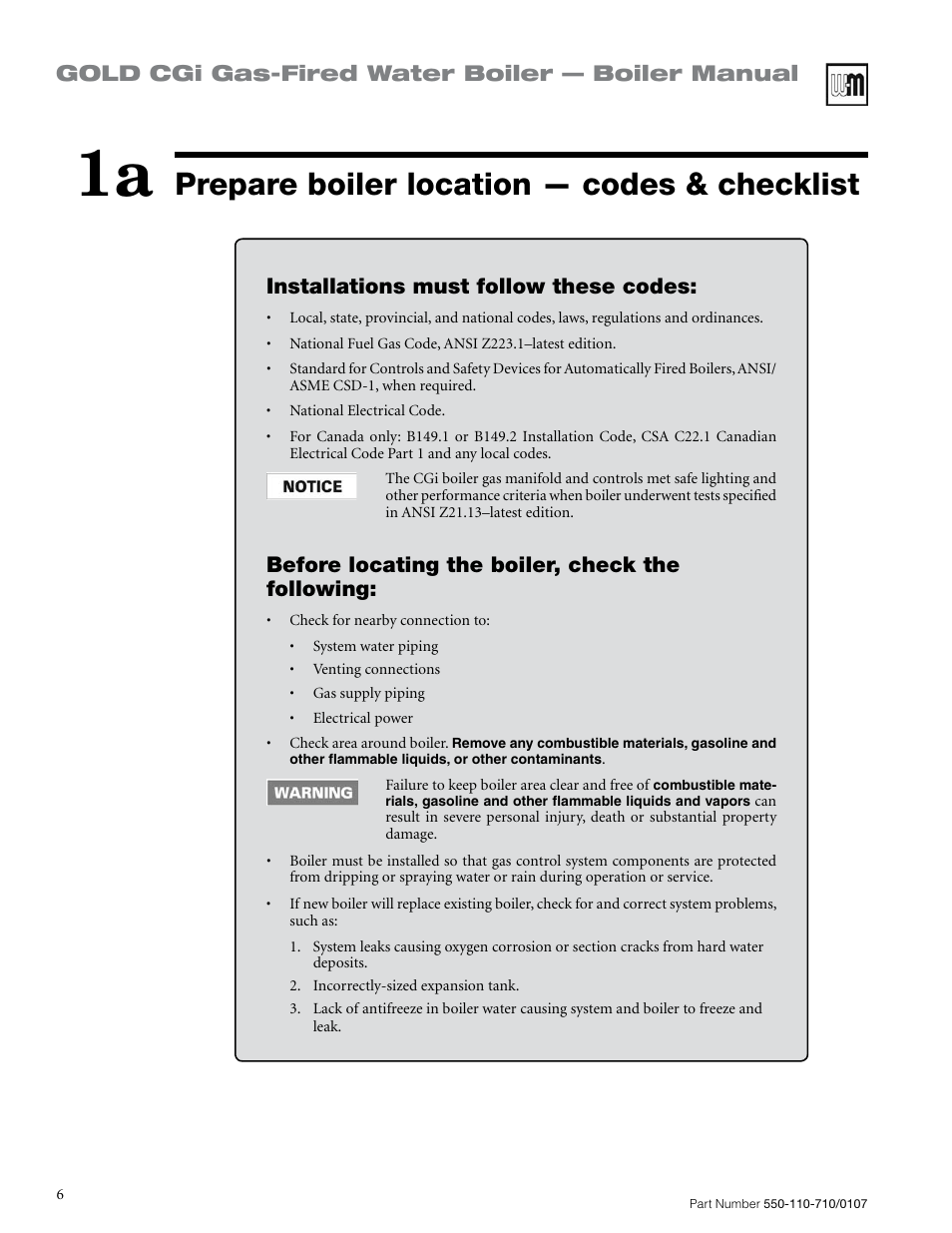 Prepare boiler location — codes & checklist, Gold cgi gas-fired water boiler — boiler manual, Installations must follow these codes | Before locating the boiler, check the following | Weil-McLain GOLD CGI SERIES 2 User Manual | Page 6 / 68