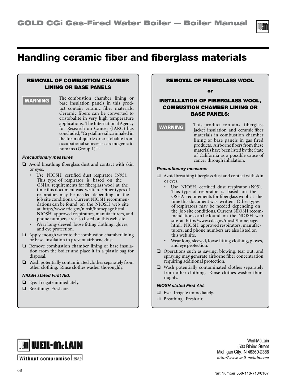 Handling ceramic fiber and fiberglass materials, Gold cgi gas-fired water boiler — boiler manual | Weil-McLain GOLD CGI SERIES 2 User Manual | Page 68 / 68