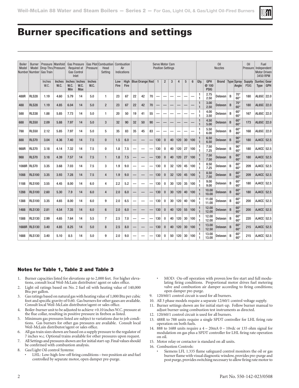 Burner specifications and settings, Weil-mclain 88 water and steam boilers — series 2, Table 1 | For gas, light oil, & gas/light oil-fired burners, Burner data — #2 fuel oil/natural gas — modulating | Weil-McLain RLS User Manual | Page 2 / 4