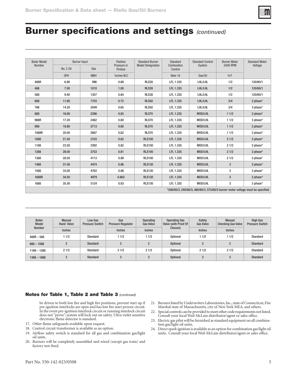 Burner specifications and settings, Continued), Table 2 | Table 3, Burner data — #2 fuel oil/natural gas — modulating, Gas control components and sizes | Weil-McLain RLS User Manual | Page 3 / 4
