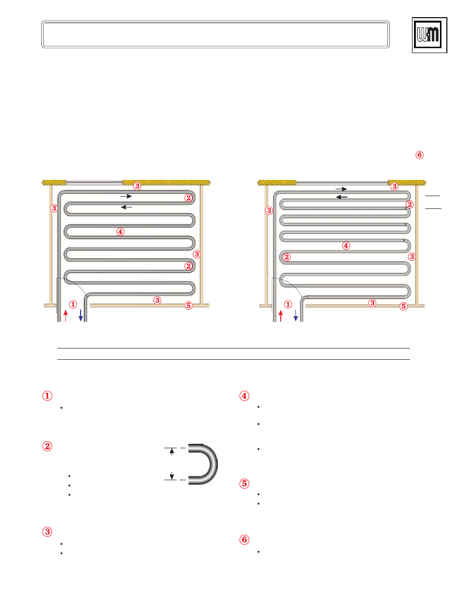 Above floor installation, Above floor installation guide, One-way serpentine patterns - typical) | Distance to wall, Use heat emission plates, Passage under walls, Closer spacing, Bend diameter | Weil-McLain AlumniPEX Radiant Heater User Manual | Page 5 / 20