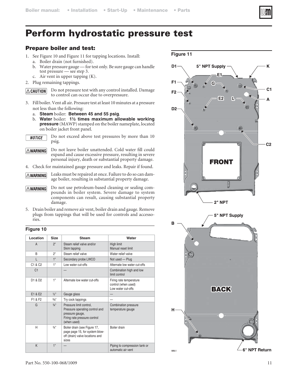 Perform hydrostatic pressure test, Prepare boiler and test | Weil-McLain 88 User Manual | Page 11 / 40