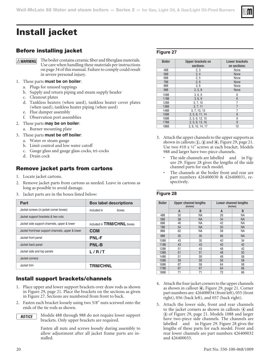 Install jacket, Before installing jacket, Remove jacket parts from cartons | Install support brackets/channels | Weil-McLain 88 User Manual | Page 20 / 40