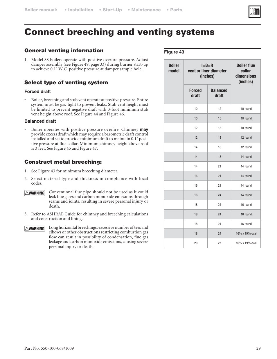 Connect breeching and venting systems, General venting information, Select type of venting system | Construct metal breeching | Weil-McLain 88 User Manual | Page 29 / 40