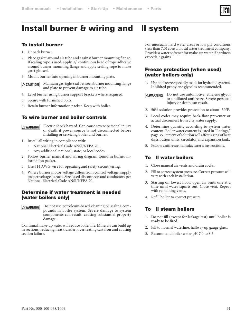 Install burner & wiring and ﬁll system | Weil-McLain 88 User Manual | Page 31 / 40