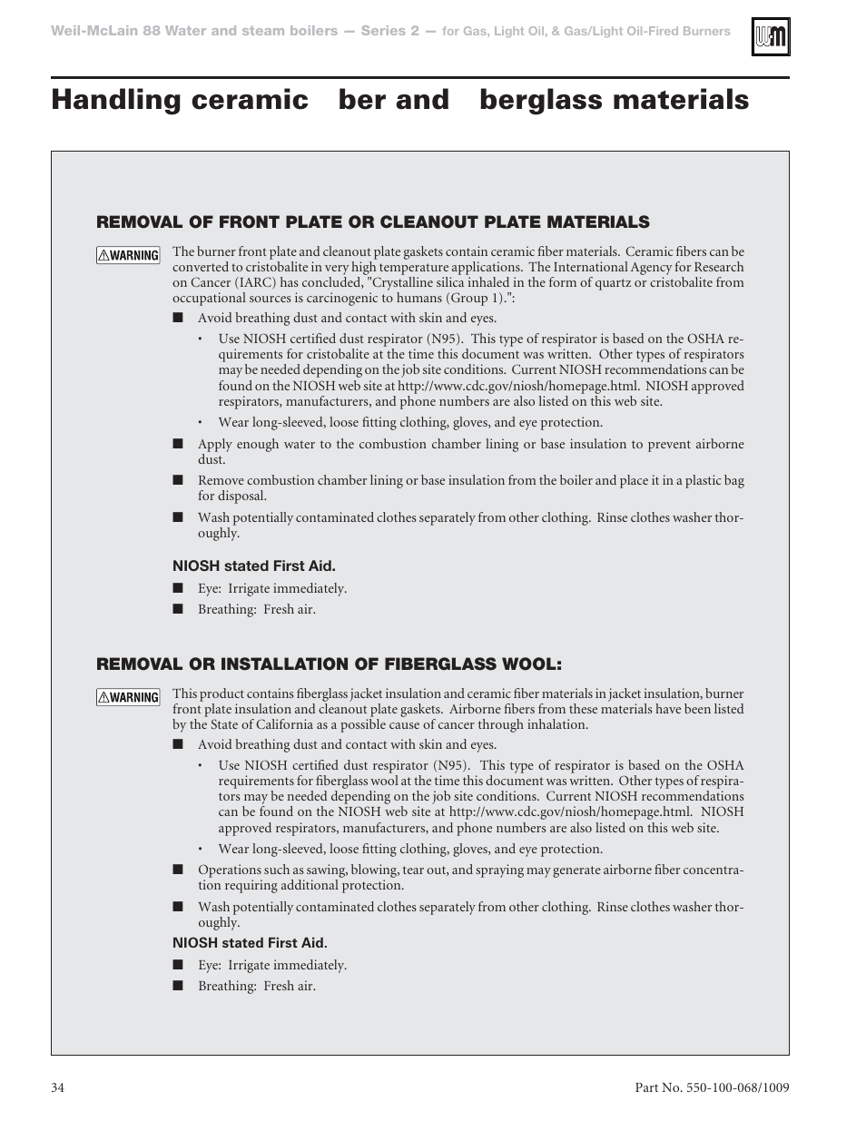 Handling ceramic ﬁber and ﬁberglass materials | Weil-McLain 88 User Manual | Page 34 / 40