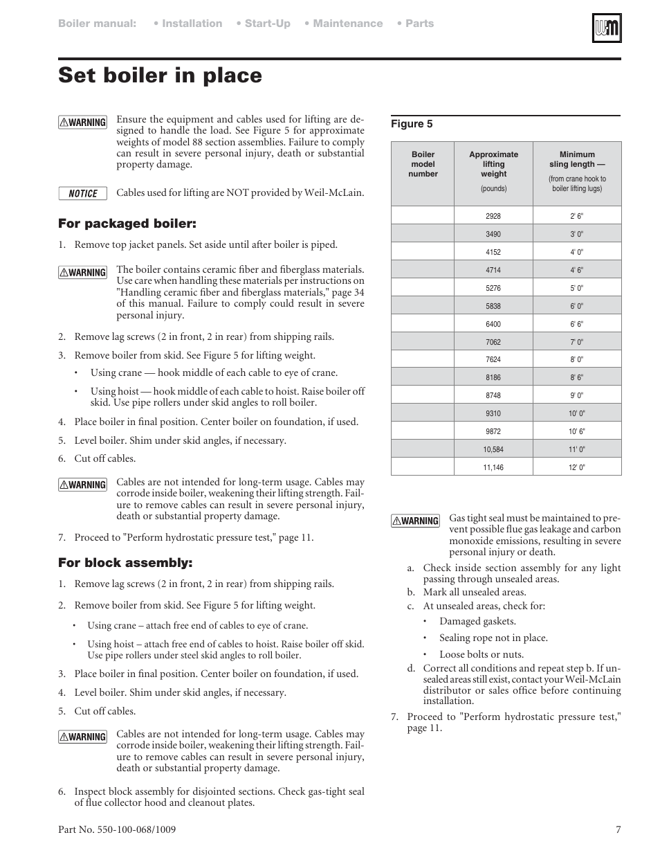 Set boiler in place, For packaged boiler, For block assembly | Weil-McLain 88 User Manual | Page 7 / 40