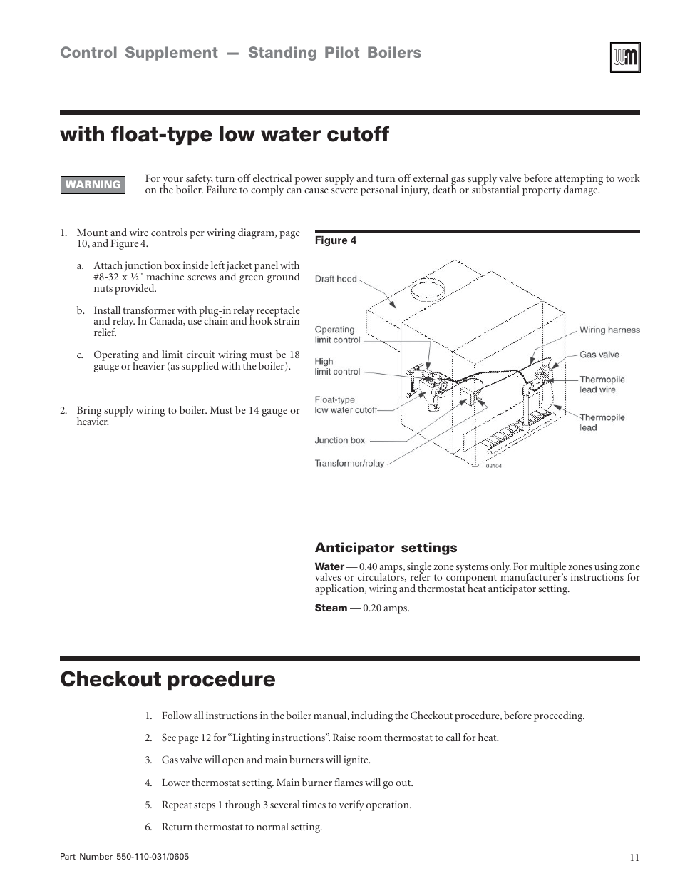 With float-type low water cutoff, Checkout procedure, Control supplement — standing pilot boilers | Weil-McLain PFG-7 User Manual | Page 11 / 16