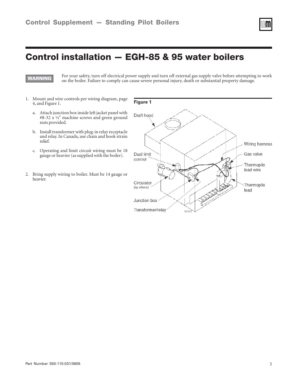 Control installation — egh-85 & 95 water boilers, Control supplement — standing pilot boilers | Weil-McLain PFG-7 User Manual | Page 5 / 16