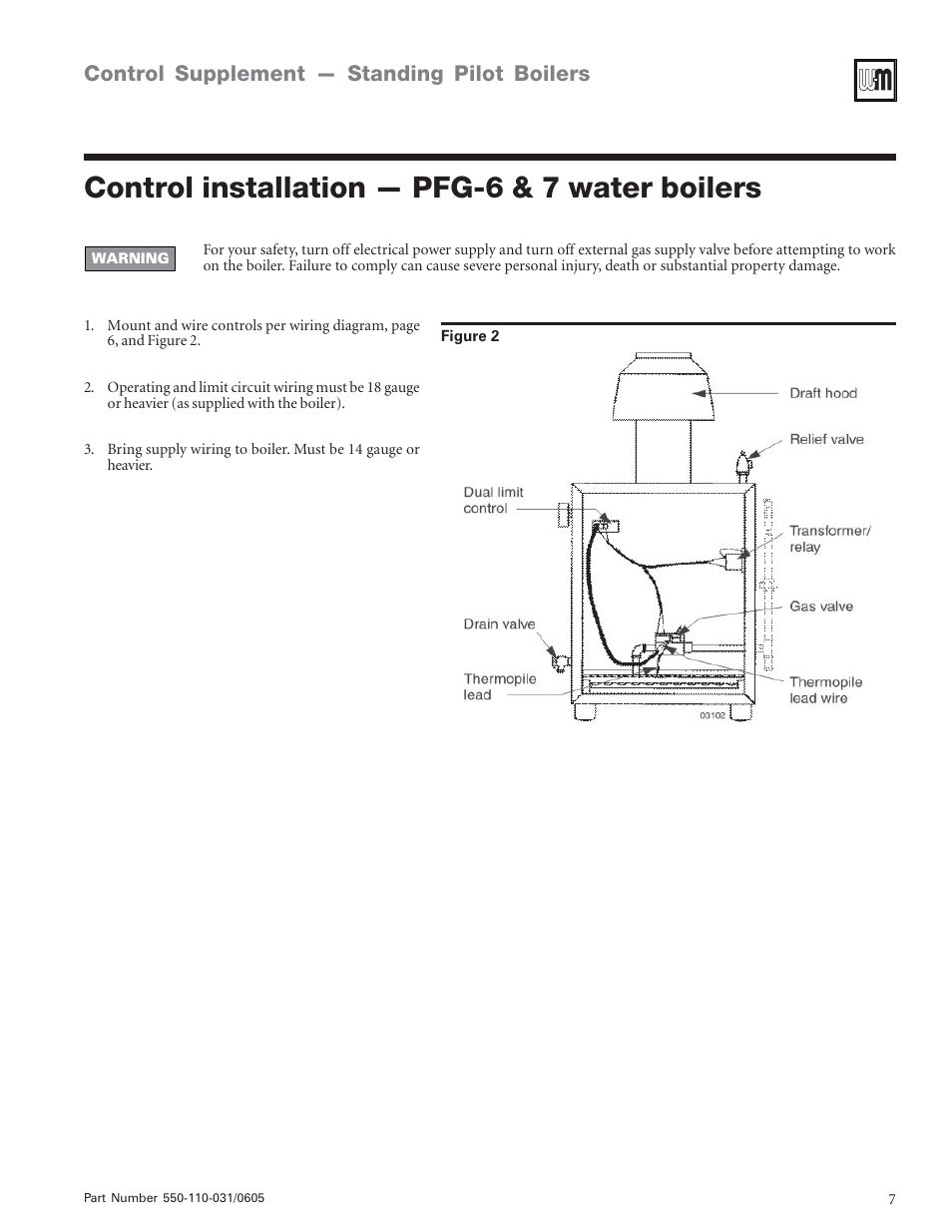 Control installation — pfg-6 & 7 water boilers, Control supplement — standing pilot boilers | Weil-McLain PFG-7 User Manual | Page 7 / 16