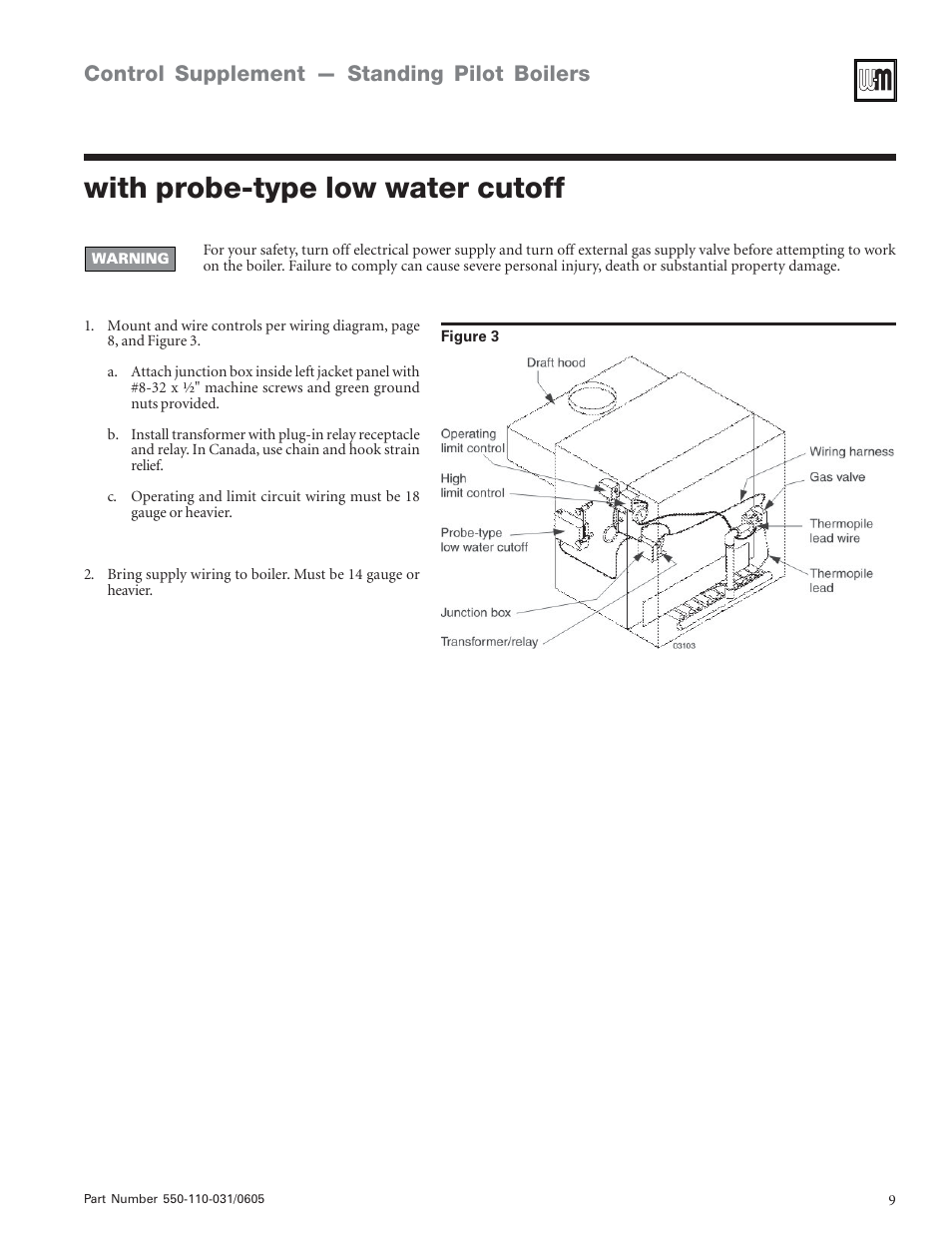 With probe-type low water cutoff, Control supplement — standing pilot boilers | Weil-McLain PFG-7 User Manual | Page 9 / 16