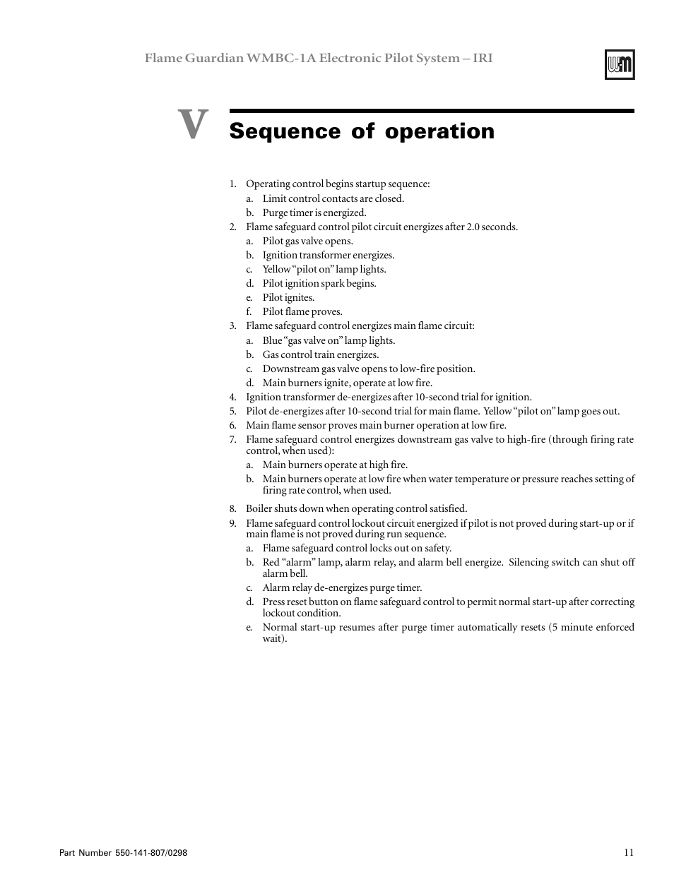 Sequence of operation | Weil-McLain FLAME GUARDIAN WMBC-1A User Manual | Page 10 / 11
